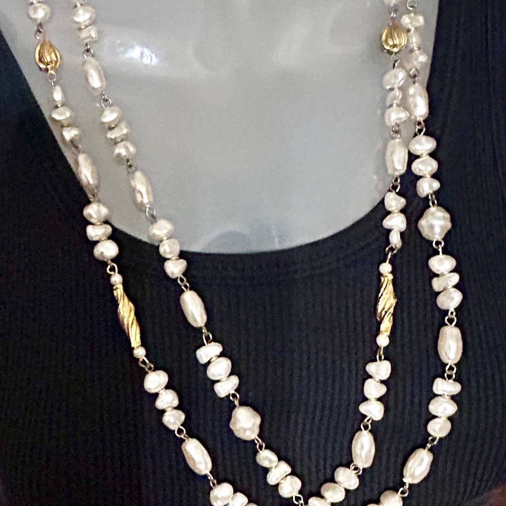 Vintage Cultured faux Pearls & Gold Beads Double Strand 14” Necklace